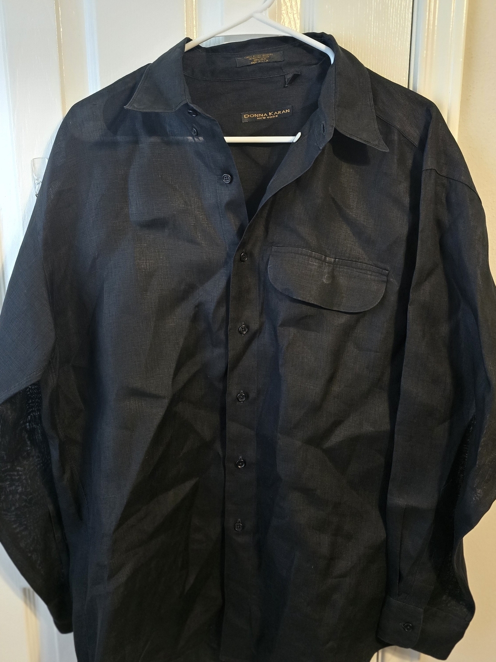 Vintage 90s Donna Karan New York 100% Linen Shirt Made in USA Black Size M